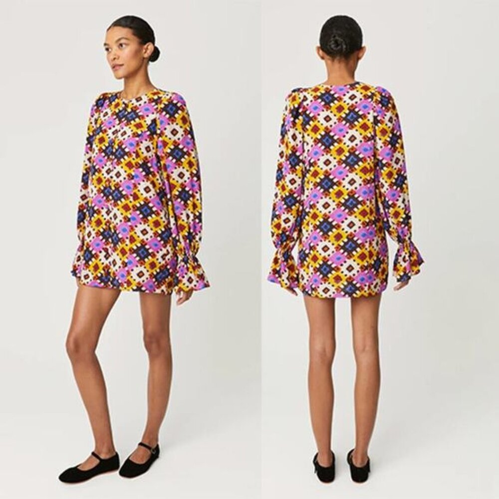 NWT Rhode Nara High Neck Long Sleeves Floral Mini Dress Purple Aquarelle